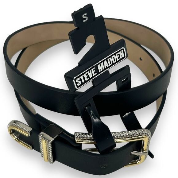 NEW Steve Madden Belt Small Black Faux Leather Belt Western Goth Silver Gold - Picture 4 of 8